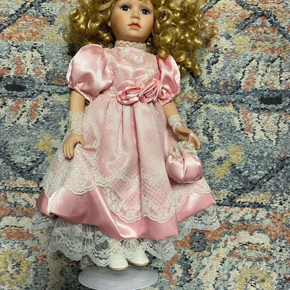 Elegant Pink Lace Porcelain Doll